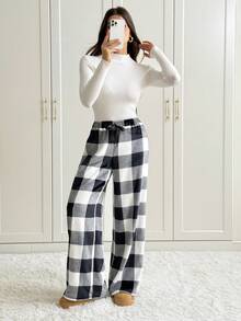 SHEIN Tall Women's Tie-Waist Fluffy Plaid Print Casual Wide Leg Baggy Pants Black And White Plaid Pants Wide Leg Pants Striped Palazzo Pants Wide Leg Striped Pants Palazzo Pants Women Fall Winter Thickened Pants