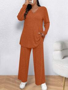 SHEIN LUNE Bộ đồ 2 món thường ngày cổ chữ V tay dài có gân dành cho nữ cỡ lớn - trái cam - Xem 5