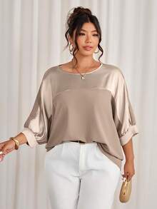 Cravure Koszula w dużym rozmiarze, okrągły dekolt, rękaw 3/4, metaliczny materiał, patchwork, kontrastowy kolor, mankiet, rękaw typu raglan, swobodna, na wyjścia, na święta, do pracy, na imprezę