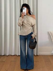 Siren Gaze 女式纯色褶饰不对称肩长袖衬衫 - 杏色 - 查看 4