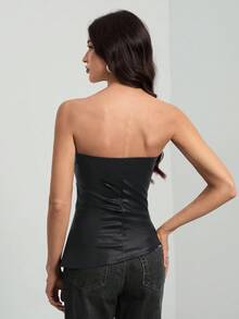 SHEIN Tall Women's Solid Color Pleated Asymmetric Hem Bustier PU Leather Top,Black Top
