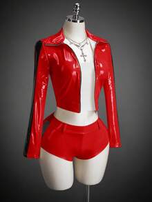 SHEIN ICON Women's Halloween COS Contrast Color Cropped Jacket And Shorts Set, Christmas - Red - View 7