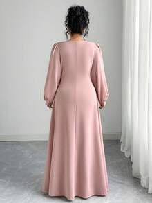 Elenzga Váy maxi dài tay chữ A dáng chữ A thanh lịch, lãng mạn, tinh tế, phong cách Pháp dành cho nữ cỡ lớn, mùa thu/đông, trang trọng, cổ chữ V, eo cao - Bụi hồng - Xem 2