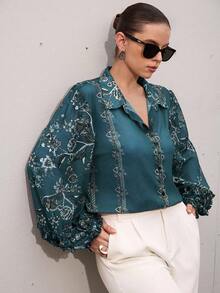 Aveloria Modichic Elegant Random Chiffon Contrast Color Floral Print Layered Frill Cuff Long Sleeve Blouse - Green - View 7