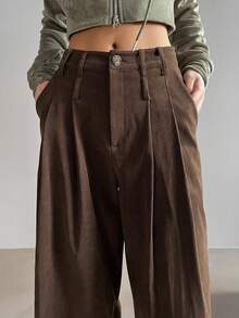 Dazy Tall Women's Corduroy Pleated Loose Straight Leg Casual Pants - Brown - View 6