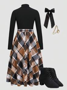 SHEIN Teen Girl Turtleneck Long Sleeve Top & Pleated Plaid Mini Skirt Set - Brown - View 2