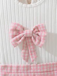 Souflis 2pcs/Set Young Girl's Elegant Outfit,White Ribbed Knit Ruffle Sleeve Top&Pink Houndstooth Skirt With Bow,Autumn,School,Back-To-School Princess Party - Pink - View 8