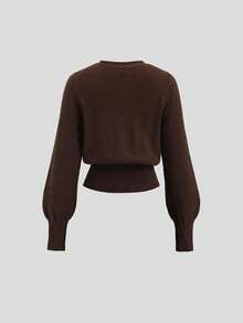 Sweetra Autumn/Winter Floral Button Cardigan With Lantern Sleeves & Wide Leg Pants Knit Two Pieces Set - Coffee Brown - View 5