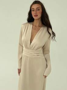Aloruh Vestido Longo Romântico com Decote em V Profundo e Cintura Franzida para Mulheres - Damasco - Visão 3