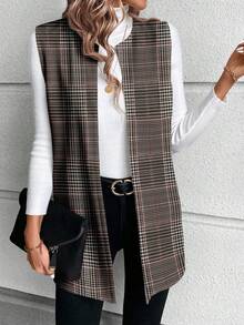 SHEIN LUNE Avslappnad elegant rutig stickad damjacka, lämplig för höst/vinter - Multifärgad - Visa 7