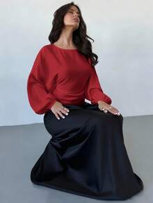 Firerie 女士新款优雅浪漫休闲都市通勤时尚百搭圆领蝙蝠袖长袖系带X型修身衬衫，适合教师及秋季穿着 - 紅色 - 查看 6