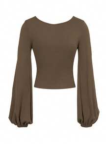 Cévolie Women's Solid Color Sexy Fitted Square Neck Lantern Sleeve Top, Tea Color - Brown - View 2