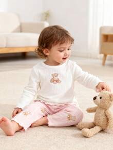 Baby Girls' 3D Bear Applique Ribbed Top And Bear Print Ribbed Pants Pajama Set White & Pink Color For Girl