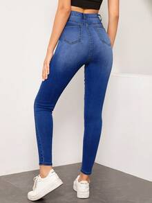 SHEIN Essnce Women's Casual Everyday Commute Simple Versatile High Waist Skinny Jeans - Blue - View 2