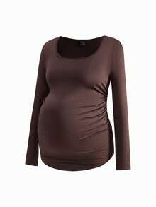Modmama Maternity Solid Color Square Neck Long Sleeve Ruched Fitted T-Shirt Pregnancy Clothing Maternity Tops Pregnancy Shirts Curve Maternity Clothes Maternity Shirts For Women