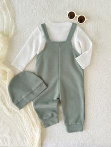 Playful Pals 2 件套男婴休闲纯色背带裤和长袖 T 恤套装，简约百搭，适合外出、休闲、运动、秋冬 - 綠色 - 查看 2