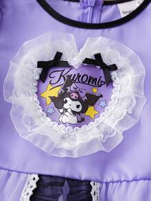 HELLO KITTY AND FRIENDS | SHEIN 少女甜美可爱卡通爱心图案蕾丝拼接圆领泡泡袖荷叶边编织公主裙 - 紫色 - 查看 7