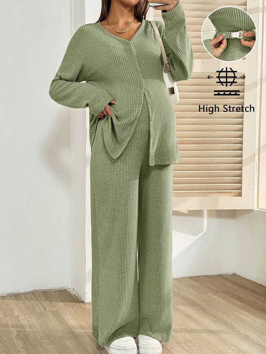 SHEIN 2 pièces Ensemble de maternité : Cardigan à manches longues unicolore et boutonnage simple, et pantalon à taille ajustable, décontracté - Vert - Voir 1