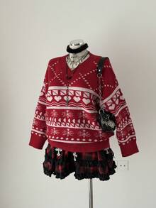 Sunspun Plus Size Women Heart Pattern V-Neck Long Sleeve Loose Pullover Sweater, Autumn/Winter - Red - View 6