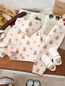 SHEIN Happikins 奶油白，可爱童话小镇甜熊蝴蝶结波点印花，舒适季节，圣诞氛围，女婴休闲简约舒适加厚柔软连帽衫和运动裤套装，适合秋冬季节，秋冬季穿搭，轻松舒适，适合婴幼儿和女童秋冬季叠穿，时尚女童，休闲装，女婴图案服装，秋冬服装，别致秋季，秋季新款新生儿男女通用保暖服装泰迪熊婴儿服装复古冬季婴儿服装女婴保暖 - 彩色 - 查看 2