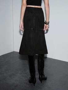 Lumivelle 女士秋季铆钉缎带装饰美人鱼裙 - 黑色 - 查看 2