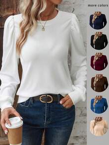 EMERY ROSE Women's Casual Versatile Crew Neck Long Sleeve T-Shirts - White - View 1