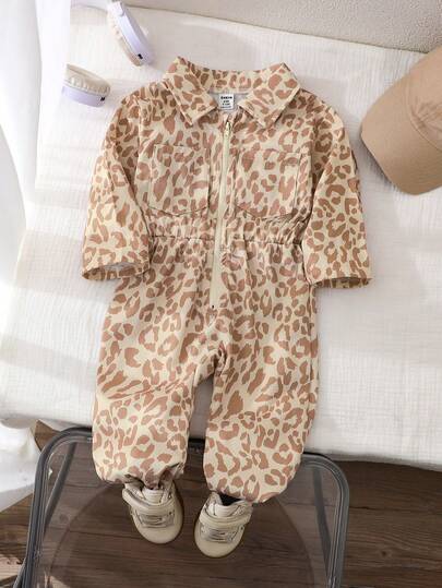 SHEIN Playful Pals Babyflicka leopardmönster långärmad jumpsuit med dragkedja i midjan, avslappnad gatustil för höst/vinter