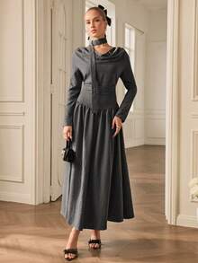 GENKIRA 灰色法式荷叶边领腰拼接超长裙长袖连衣裙配围巾，优雅休闲百搭 - 灰色 - 查看 4