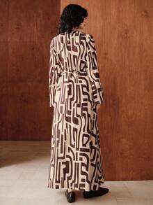 Zovinel 女式简约几何印花长袖连衣裙 - 棕色 - 查看 2