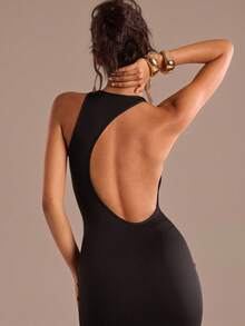 SHEIN Glamour Women's Black Summer Elegant Backless Cut Out Maxi Dress, Sleeveless Night Out Party Dress,Chic Streetwear Rave Club Outfits Birthday Dress - Black - View 6