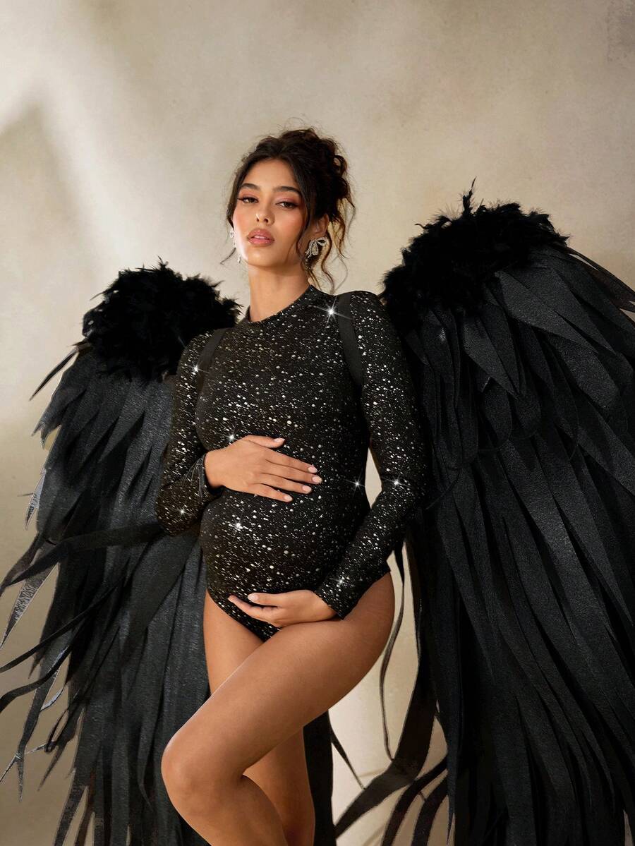 Cheriluna Maternity Maternity Photoshoot Long Sleeve Mandarin Collar Slim Fit Metallic Print Jumpsuit - Black - View 1