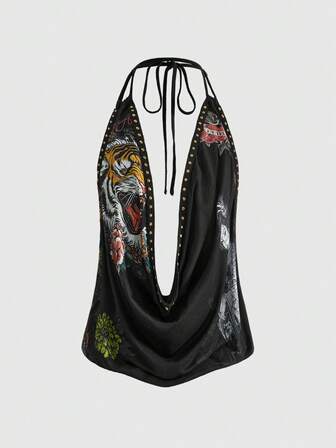 Grunge Punk Débardeur femme rétro Y2K Baddie avec rivets, imprimé tête de tigre vintage, floral geisha et strass. Col drapé sexy.