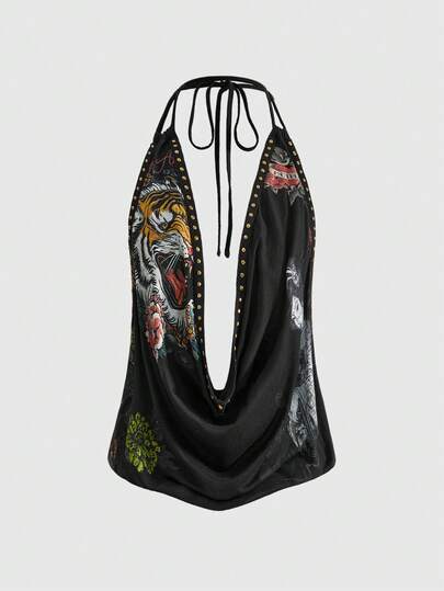 Grunge Punk Top da donna con scollo profondo drappeggiato, con stampavintageò Y2K baddie, rivetti, testa di tigre vintage, fiori geisha e strass