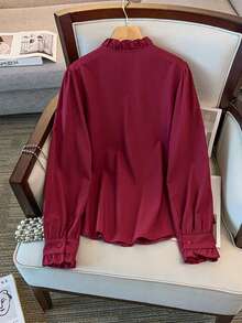 GlowEve CURVE Plus Size Women Long Sleeve Small Stand Collar Striped Casual Solid Color Ruffle Cuff Fashion Shirt, Suitable For Daily Commute - Burgundy - View 2