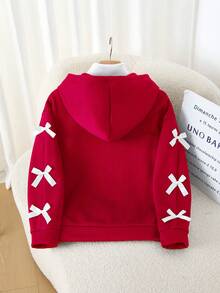 SHEIN 少女连帽卫衣，秋冬新款，长袖连帽卫衣，红色上衣，袖子上饰有白色蝴蝶结，舒适修身休闲运动卫衣，可与家人/姐妹穿着搭配 - 紅色 - 查看 2