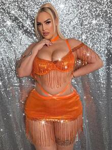 4 pièces Set matelassé à paillettes et gland et jupe moulante sexy grande taille Lingerie