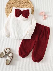 Cozy Pixies 女宝宝可爱简约休闲撞色卫衣套装，蝴蝶结套装，迷你套装，萌趣套装，适合冬季和秋季，带帽运动服套装，粉色蝴蝶结连帽套装，女宝宝冬季服装，迷你刺绣套装，可爱休闲舒适女宝宝套装，女宝宝蝴蝶结套装，返校季，日常穿着，圣诞节，万圣节 - 酒紅色 - 查看 2