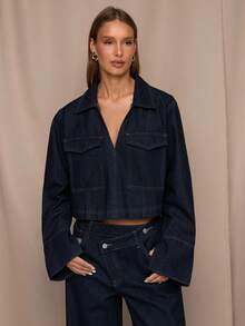 SHEIN BAE 女式翻领长袖实用口袋短款休闲牛仔夹克