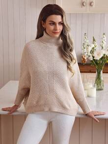 Louniche Elegant Minimalist Apricot Turndown Collar Raglan Sleeve Loose Knit Pullover Sweater For Women, Suitable For Commuting, Autumn/Winter - Apricot - View 3
