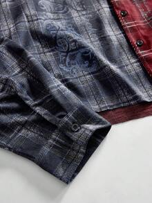 ROMWE MEN Grunge Punk Men's Plaid Skull Shirt Collar Long Sleeve Overcoat - Navy Blue - View 4