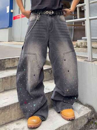 Street Life Jeans évasés à jambe ample avec ornements de strass pour hommes