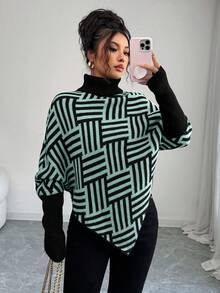 Elenzga Women's Elegant High Neck Geometric Textured Poncho Sweater, Colorblock, Suitable For Home & Travel, Spring/Autumn - Blue - View 3