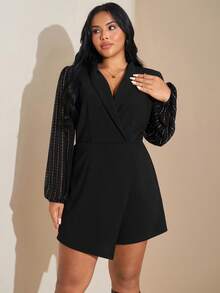 SHEIN Tall CURVE Mono elegante y romántico de cuello de blazer, adecuado para usar en el Día de San Valentín y durante la temporada de fiestas, que muestra un estilo sencillo y elegante. Es de moda y romántico, convirtiéndolo en una excelente opción como un nuevo lanzamiento de primavera, lo que permite que las mujeres se presenten con elegancia en diversas ocasiones. - Negro - Ver 4