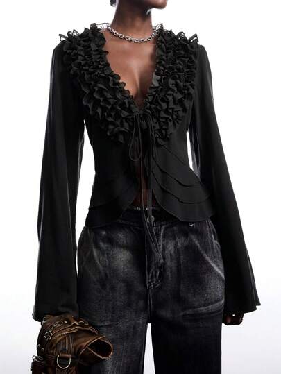 LYSMO 2025 Herbst Neue Einfache Damen Schwarze Mehrlagige Volant Vorder Krawatte Langarm Modisches Hemd