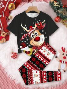 Tween Girls' Casual Merry Christmas Cartoon Reindeer,Snowflake Fair Isle T-Shirt & Leggings Pajama Set,Black Summer Cute Evening Lounge Snug Fit - Multicolor - View 2