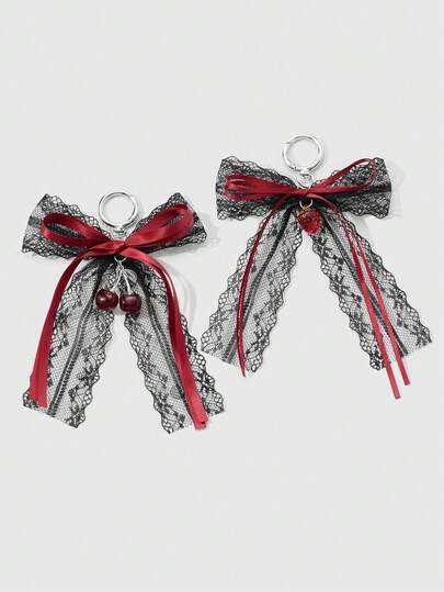 1 Stück handgemachter Gothic-Stil Perlen-Schlüsselanhänger aus CCB-Schwarzer Spitze mit Schleife, Kirsche, Herz, Schlüssel, geeignet für Mädchen/Frauen, Valentinstag- oder Halloween-Geschenk