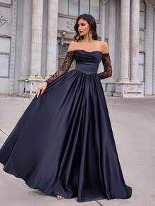 Aureia 优雅奢华黑色露肩薄纱短袖蕾丝边缎面褶皱长裙，适合婚礼、派对、度假、晚宴、约会、正式场合（装饰繁复），情人节也适用。 - 藏蓝色 - 查看 6