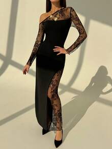 Aloruh Elegant Romantic Date Night Party Contrast Lace Asymmetric Hem Bodycon Long Dress, Black Long Sleeve Strapless, Suitable For Party, Nightclub, Cocktail,Dresses For Women Elegant,New Year Dress ,Elegant Party Dresses,Dresses For Women Elegant,Dresses For Women Elegant,Black Dress - Black - View 6