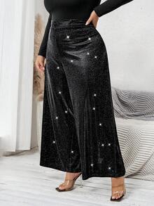 SHEIN CURVE+ Plus Size Women Elegant Shiny Knit Wide Leg Pants Plus Size Christmas/Winter - Black - View 5