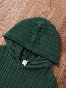 SHEIN Tween Girl 纯色罗纹连帽运动衫和喇叭裤休闲两件套，春秋季 - 墨綠色 - 查看 5